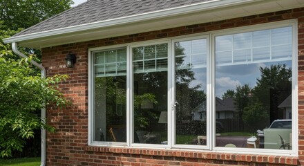 Brick house exterior with a large multipane window and white trim