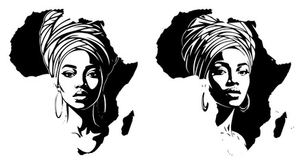 Elegant African woman portrait wearing traditional headwrap over continent map silhouette