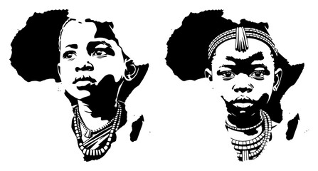 Tribal African children portraits adorned with bead jewelry over stylized continent map illustration