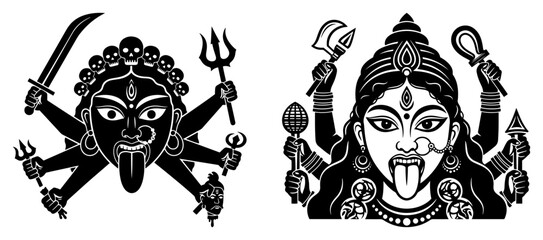 Hindu goddess Kali face icon monochrome vector set