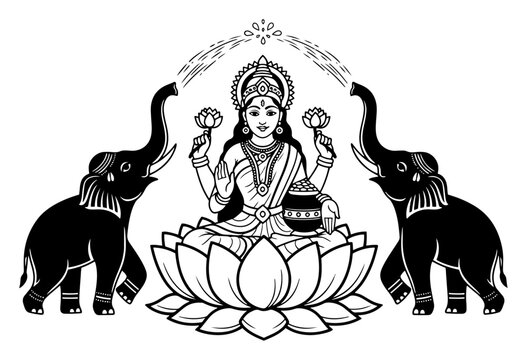 Goddess Lakshmi seated on lotus with water pouring elephants vector illustration