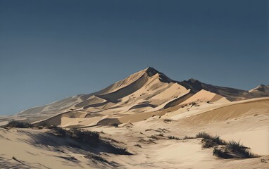 Stylized Desert Majesty: Sun-Kissed Dunes and a Solitary Peak Under a Clear Blue Sky.
