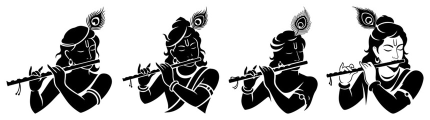 Lord Krishna playing flute silhouette collection