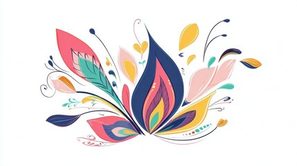 Fototapeta premium A vibrant, abstract floral illustration with colorful leaves, petals, and swirls on a white background.