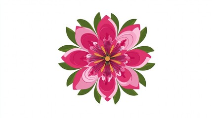 A vibrant pink flower with green leaves, viewed from above.