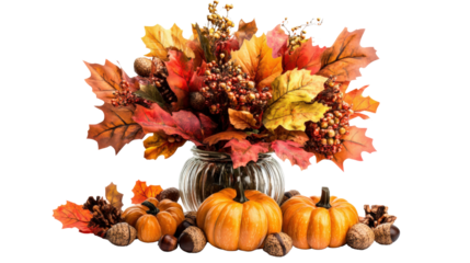 Autumn bouquet with pumpkins and fall leaves in glass vase
