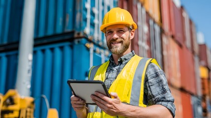 Smiling Port Worker with Tablet in Front of Shipping Containers.