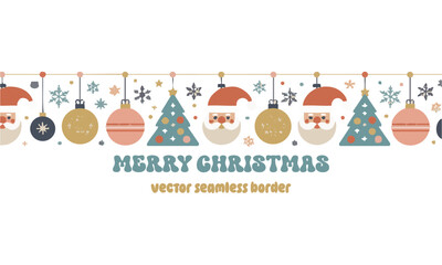 Merry Christmas Seamless Border Vector Illustration with Ornaments and Snowflakes  Minimal Flat Holiday Design, xmas ornament, snow flake header or banner, easily editable abd scalable.
