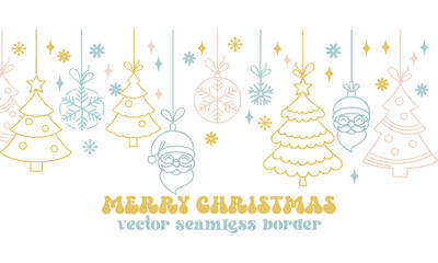 Merry Christmas Seamless Border Vector Illustration with Ornaments and Snowflakes  Minimal Flat Holiday Design, xmas ornament, snow flake header or banner, easily editable abd scalable.
