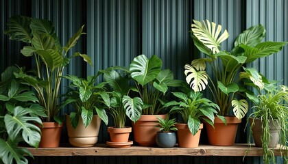 Fototapeta premium Collection of rich green tropical indoor plants displayed on rustic wooden shelf against dark teal ribbed background. Featuring vibrant foliage, various plant types like philodendron, monstera in