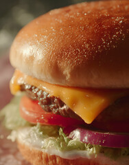 Close-up view of a single hamburger, capturing all textures and toppings.