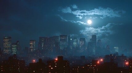 Night Cityscape Under Moonlit Sky: Illuminated Skyscrapers and Clouds.