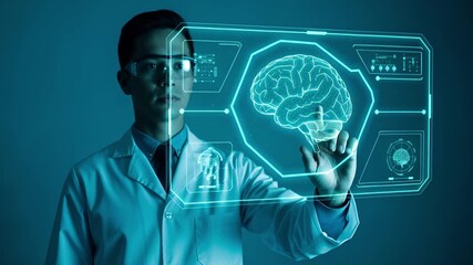 A professional scientist in a lab coat analyzing a glowing digital brain on a futuristic transparent touch screen interface for advanced medical research - Powered by Adobe