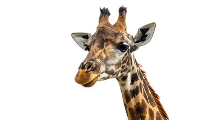 Fototapeta premium Close-up giraffe head on white—highlighting expressive gaze, patterned elegance, and wildlife charm.