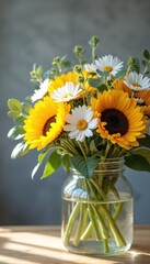 Fototapeta premium Bright sunflowers, daisies arrangement in glass jar on wooden table. Yellow, white flowers with green leaves create cheerful decor for classroom office. Natural lighting freshness, elegance.
