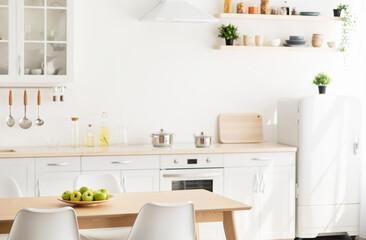 New scandinavian design after renovation. White and wooden furniture with different utensils, kitchenware supplies on shelves, cutting board near small refrigerator, empty space