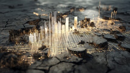 Abstract cityscape digital grid on cracked earth background futuristic technology urban landscape concept