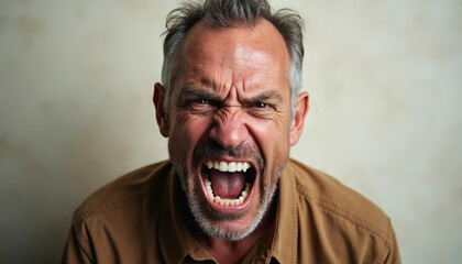Close-up portrait captures middle-aged man intense facial expression of rage, frustration. Eyes narrowed, brows furrowed, mouth open in shout, conveying strong negative emotions like anger,