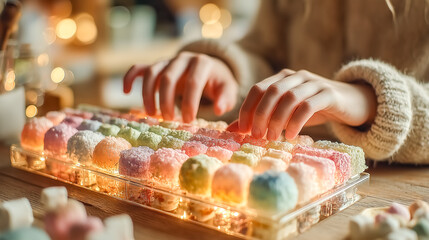 Obraz premium Hands arranging colorful sweet treats on a transparent display in a warm, cozy setting. Soft lights create an inviting ambiance, ideal for dessert shops, cafes, and confectionery businesses