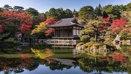 Traditional Japanese Garden Temple Surrounded by Autumn Foliage