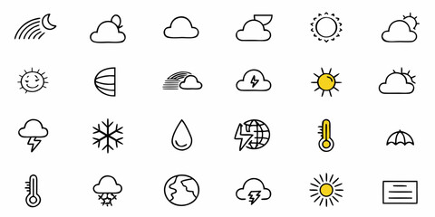 Fototapeta premium Collection of weather icons including sun cloud rain rainbow snow lightning thermometer and other elements