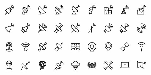 Collection of communication and signal icons featuring antennas satellites and wifi symbols in black outline
