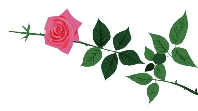 A single pink rose with green leaves and thorns on a white background.