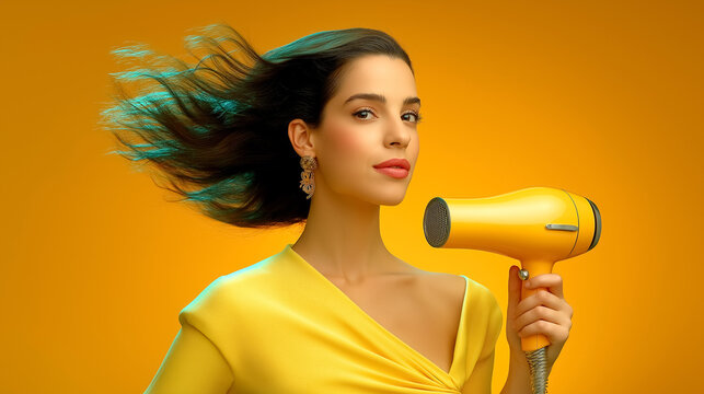 Woman styled in elegant yellow outfit holds bright yellow hair dryer, poised and confident with hair flowing. Minimalist backdrop adds focus. Concept of beauty, hair care, salon services