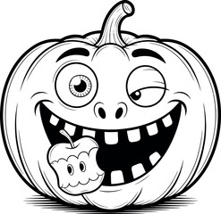 Vector art of pumpkin cartoon character eating an apple.
