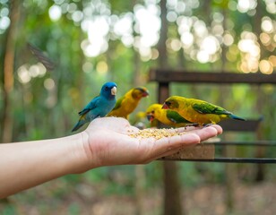Birds feeding from a hand