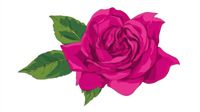A vibrant magenta rose in full bloom with green leaves, depicted in a detailed vector illustration style on a white background.
