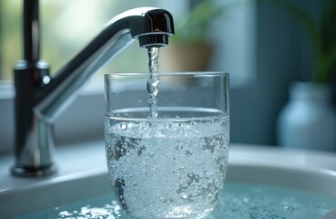 Closeup of water pouring from silver faucet into clear glass. Fresh, clean drinking water fills cup with bubbles. Focus on tap and transparent glass. Refreshment, hydration, health.