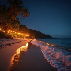 Sophisticated beach party at night with warm flickering lights reflecting on water near jungle. Starry sky above serene tropical ocean, calm waves lap sandy shore. Enjoyment, relaxation, festive