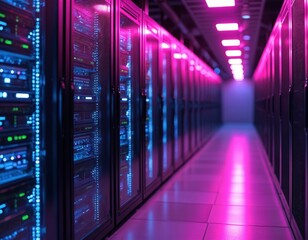 Fototapeta premium Modern data center hallway with rows of servers, illuminated by blue, pink neon lights. Advanced technology infrastructure focuses on secure enterprise data management, backup, recovery systems.