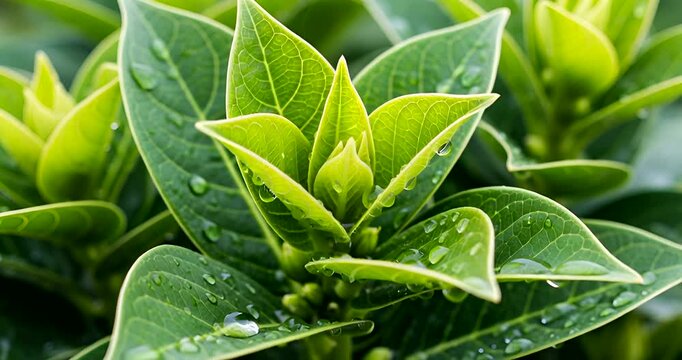 Hydrangea plant leaves with water droplets glistening in the sunlight forming a natural pattern