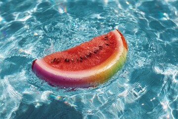 Bright watermelon slice floating in a clear swimming pool creates a refreshing summer vibe