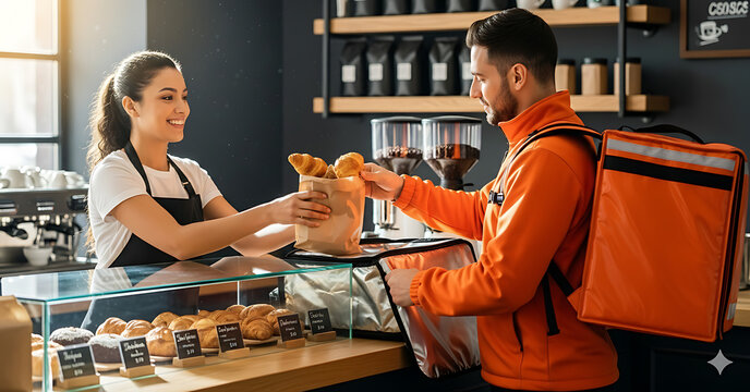 Bakery Shop Interaction Delivery Person Receiving Baked Goods from Smiling Counter Staff, Takeout Service - Powered by Adobe