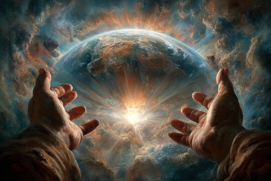 Lord divine act: sacred motion, celestial hold, holy creation, spiritual gaze, Earth destiny, divine power, eternal vision, scriptural theme, cosmic balance, theological belief, holy bond