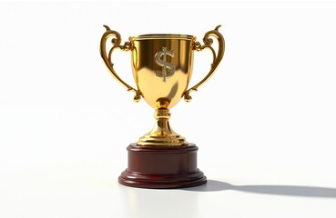 Golden trophy with dollar sign sits on dark wood base. Symbol of financial success, business achievement, and monetary reward. Shiny award represents winning, wealth, and prestige.