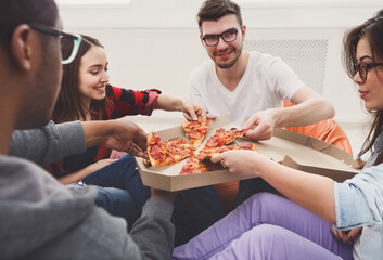 Pizza delivery. Happy people eating lunch at coworking office during break, crop, closeup