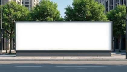 Huge blank horizontal billboard on street pavement provides ample empty space for advertising design. Modern urban backdrop with trees, buildings. Ideal for mockups, presentations, outdoor promotion.