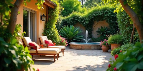 A vibrant, sun-drenched patio scene featuring comfortable furniture, lush plants, and a tranquil fountain, suggesting relaxation and contentment in retirement , peace, golden years