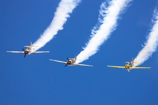 Bucharest, Romania - August 29, 2025: Aerobatic planes during Bucharest International Air Show 2025.