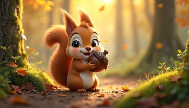 Cute, fluffy squirrel joyfully clutches acorn in vibrant, sunlit forest. Autumn leaves, mossy ground create peaceful woodland scene. This adorable creature embodies nature beauty, wildlife activity. - Powered by Adobe