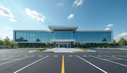 Modern minimalist hospital building with extensive glass facade, spacious parking lot. Blue sky overhead with white clouds. Clean architecture, bright daytime lighting. Professional exterior of