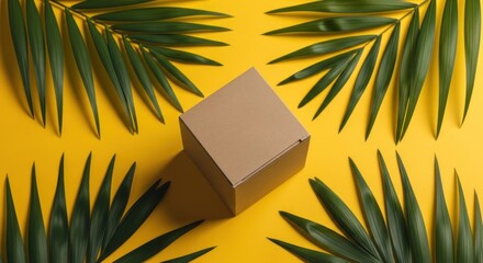 Empty cardboard box surrounded by tropical leaves on a vibrant yellow background