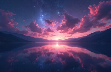 Vibrant sunset over calm lake reflecting pink clouds and starry sky. Majestic mountains frame serene water landscape. Beautiful evening scene, dusk transition, dreamlike, ethereal atmosphere.