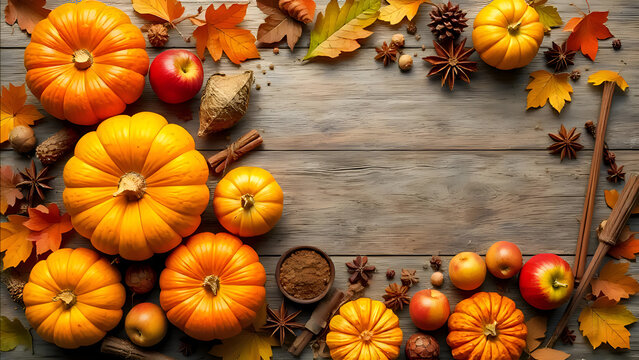 Autumn Food Flat Lay with Pumpkins, Apples, and Spices in Seasonal Composition


