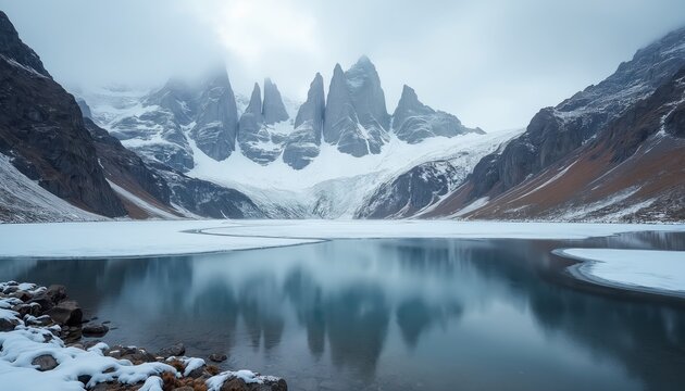 Majestic winter landscape featuring frozen lake reflecting snow-capped mountain peaks. Rugged, rocky slopes surround serene valley under overcast sky. Pristine, untouched nature pure, icy wilderness - Powered by Adobe