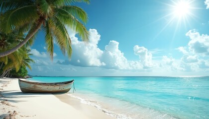 Fototapeta premium Idyllic beach scene with calm turquoise water lapping on white sand. Wooden boat rests near rich palm trees under bright sunny sky with white clouds. Tropical paradise, perfect for vacation relaxing